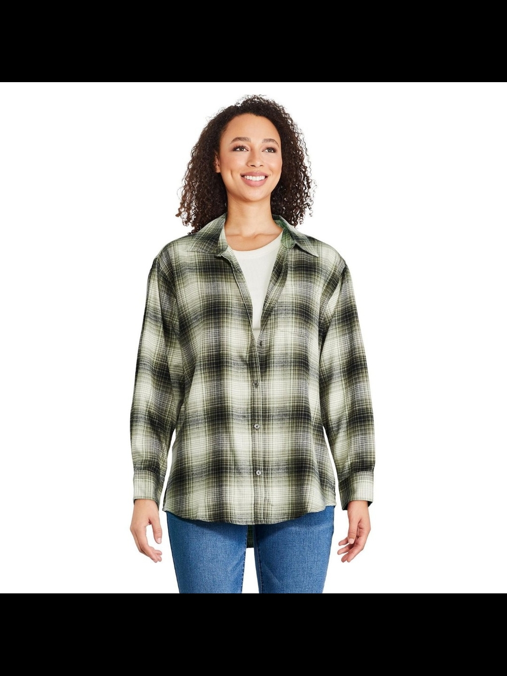 Olive Plaid Button-Up flannel Shirt Women's